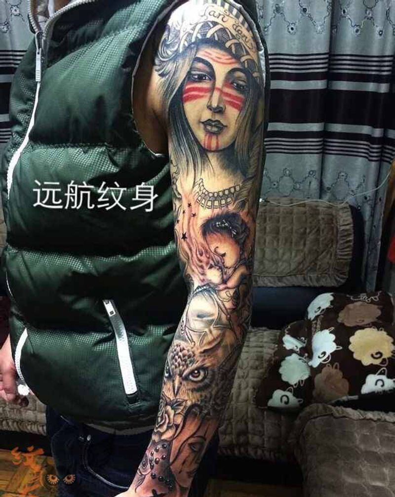 花臂作品纹身图片_成品手臂传统动物纹身图案