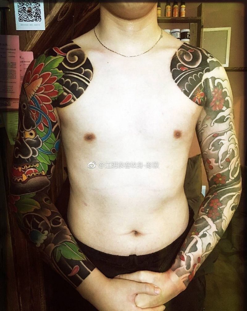 般若，樱花水浪，花臂、双甲纹身图片_传统无锡江阴花臂成品纹身图案