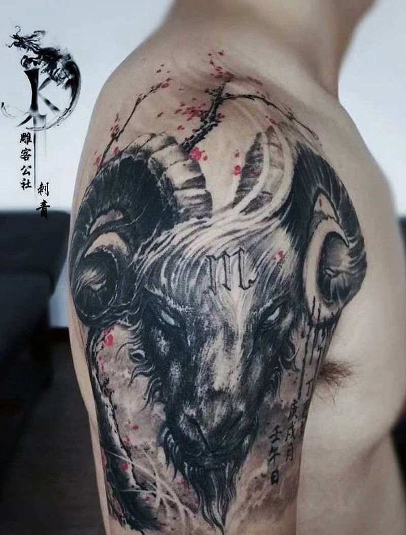 扬(羊)眉(梅)吐气纹身图片_手臂欧美写实纹身图案