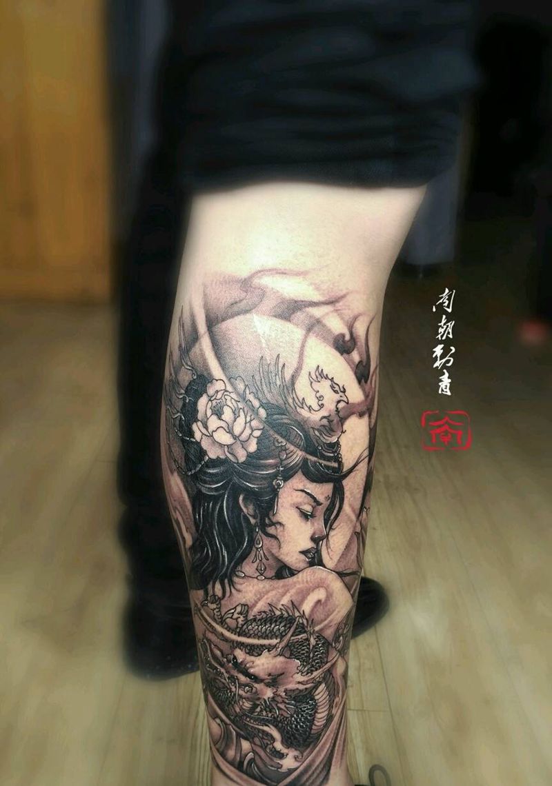 艺妓纹身图片_腿部新传统纹身图案