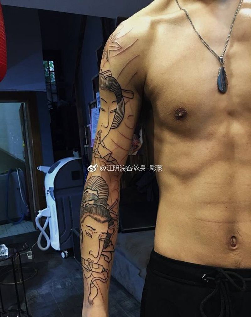 艺妓生首花臂纹身纹身图片_手臂传统人物无锡江阴艺妓花臂纹身图案