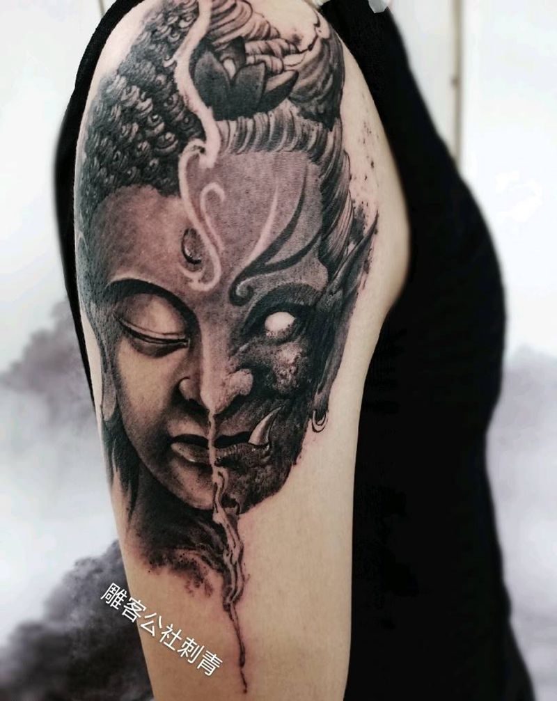 佛与魔纹身图片_手臂水墨新传统纹身图案