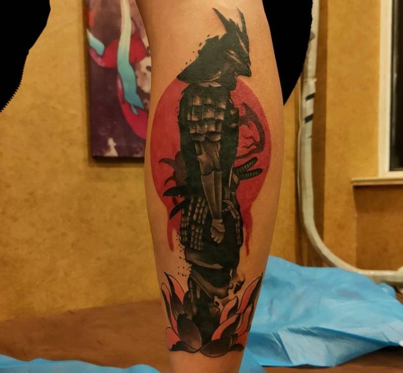小腿后侧鬼武士纹身图片_腿部老传统纹身图案