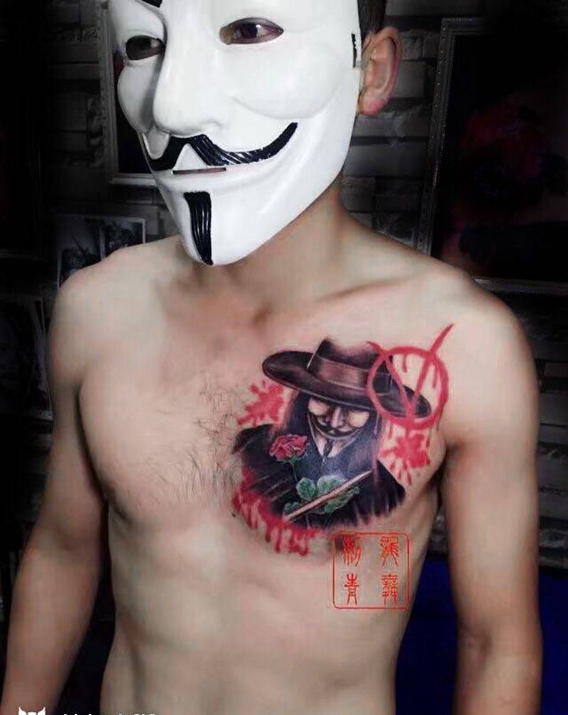 V字仇杀队纹身图片_成品胸部欧美人物纹身图案