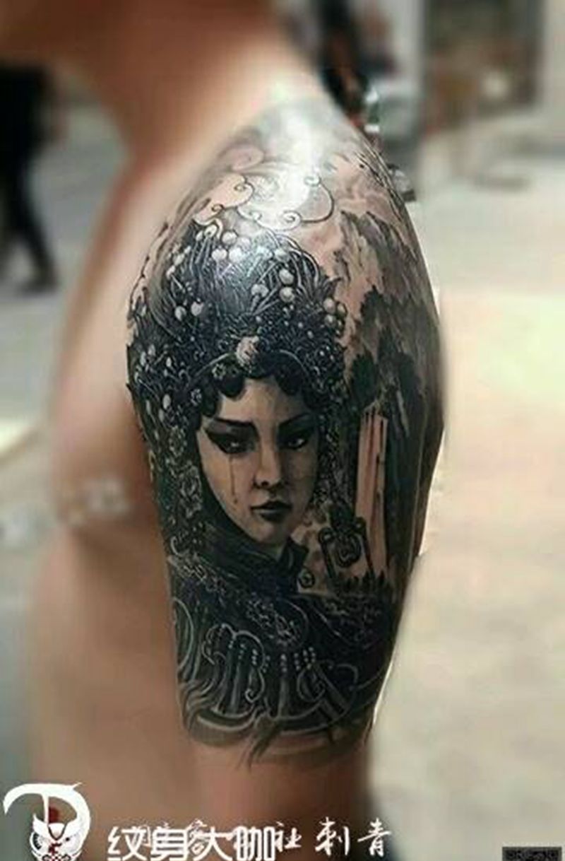 半甲 花旦纹身图片_肩部背部手臂传统人物静物纹身图案