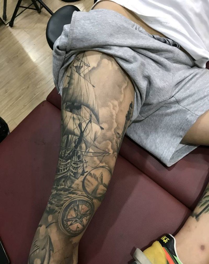 欧美船纹身图片_腿部欧美写实纹身图案