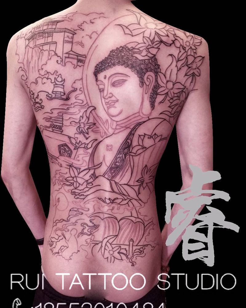 满背佛线条纹身图片_新传统纹身图案