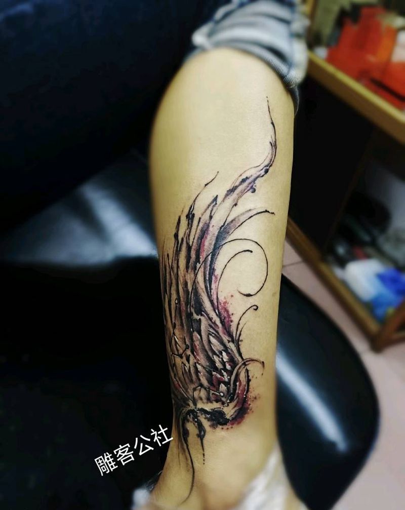 翅膀纹身图片_脚部腿部水彩纹身图案