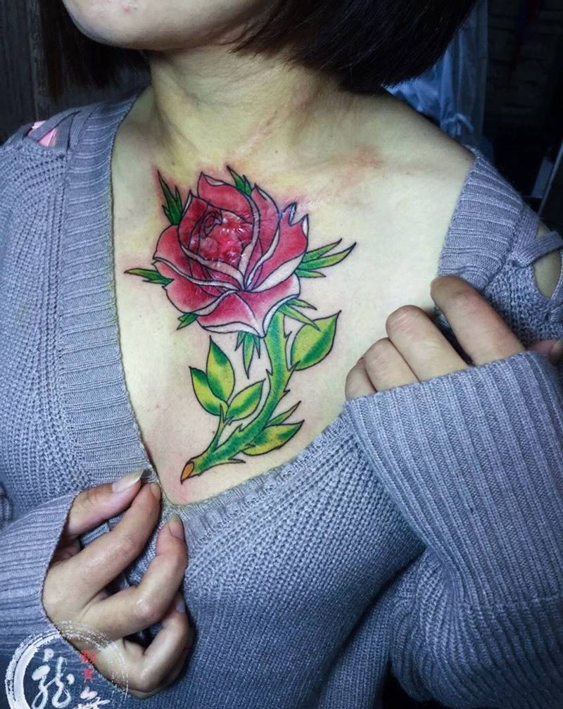 遮盖烫伤疤痕纹身图片_成品颈部纹身图案