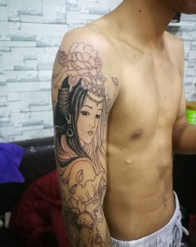 花臂线条纹身图片