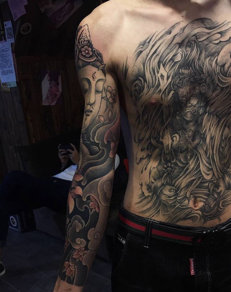佛花臂纹身图片