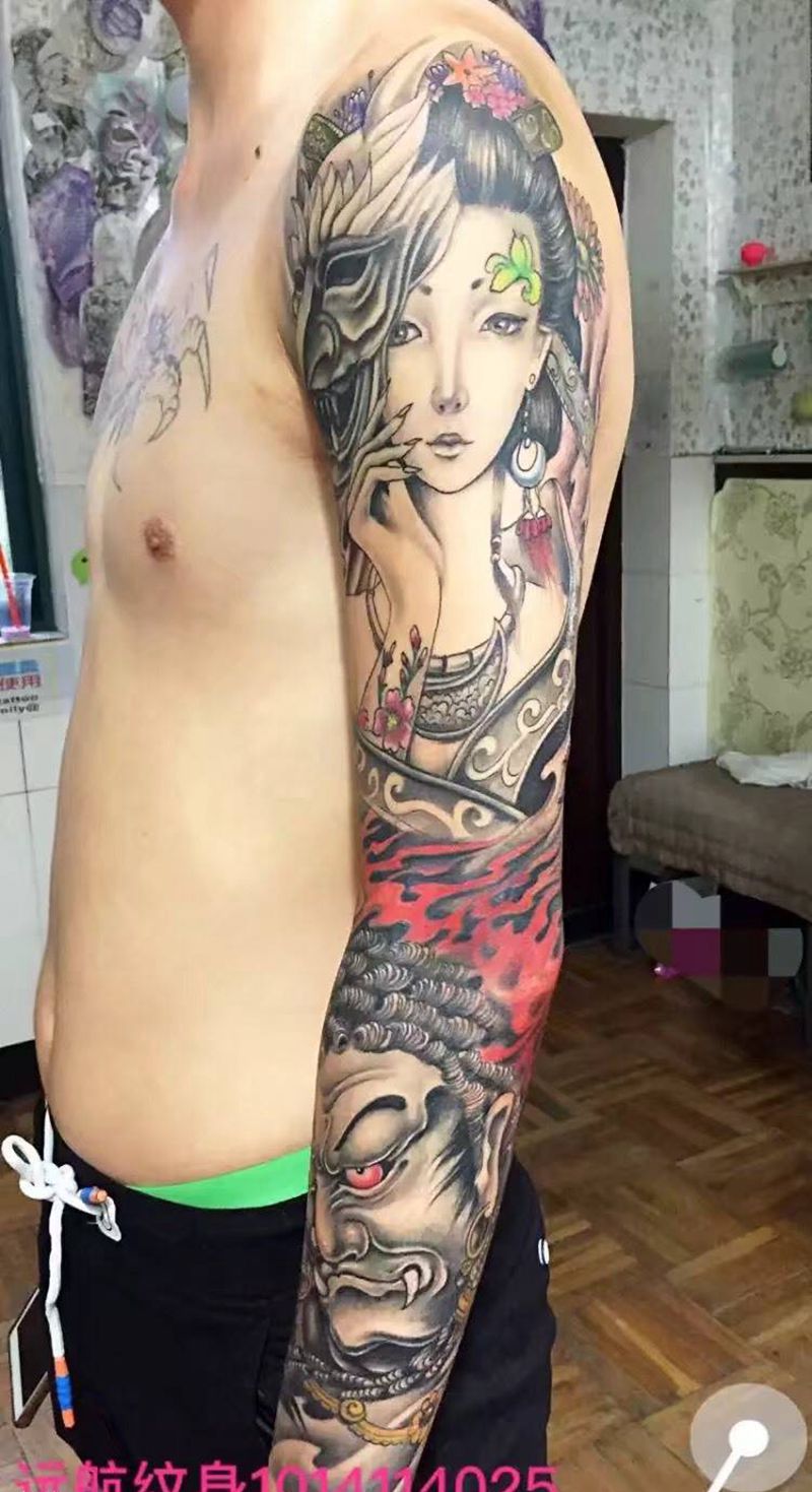 艺妓纹身纹身图片_成品手臂欧美人物原创鬼神纹身图案
