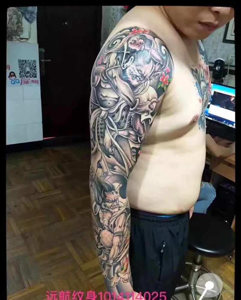 花臂纹身纹身图片_成品手臂传统肖像鬼神原创纹身图案