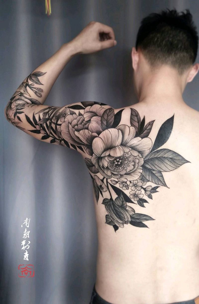 素花纹身图片_肩部手臂素花纹身图案