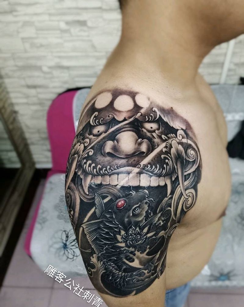 唐狮 鱼纹身图片_手臂新传统纹身图案