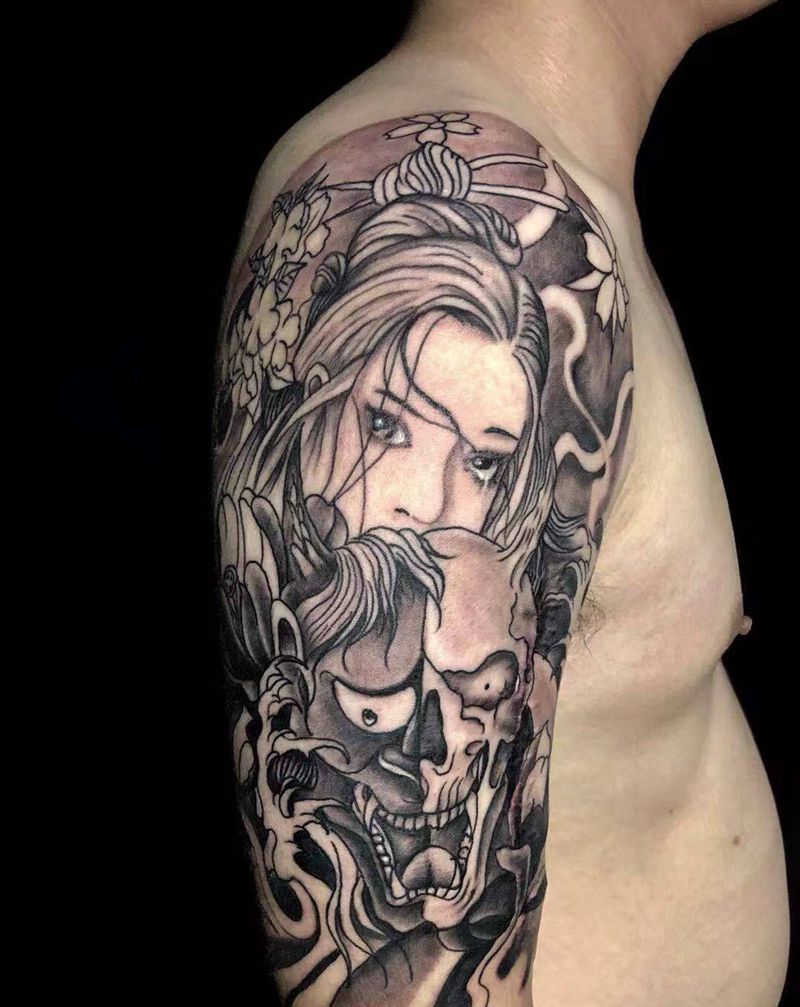 大臂艺妓纹身图片_手臂新传统纹身图案