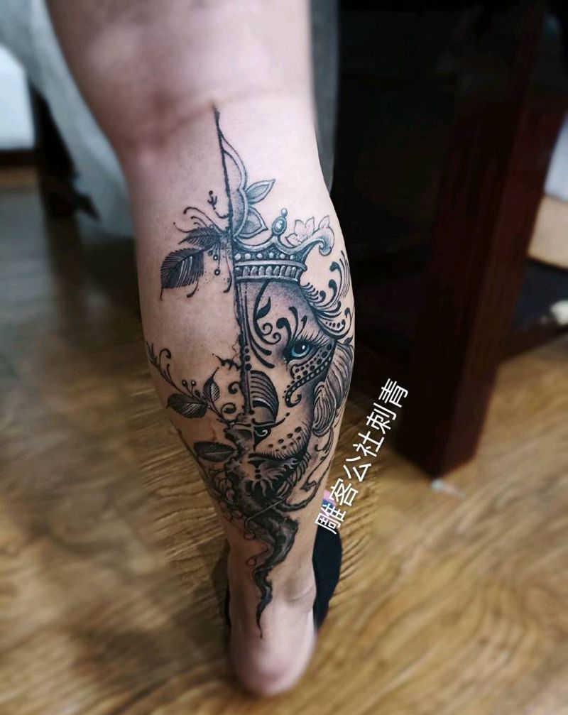星座 狮子座纹身图片_腿部水墨纹身图案