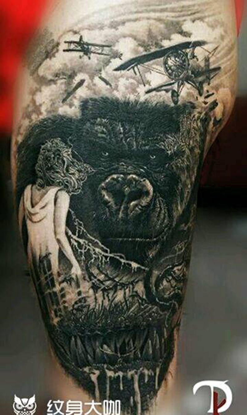 金刚  恢复两年后纹身图片_腿部欧美写实动物人物纹身图案