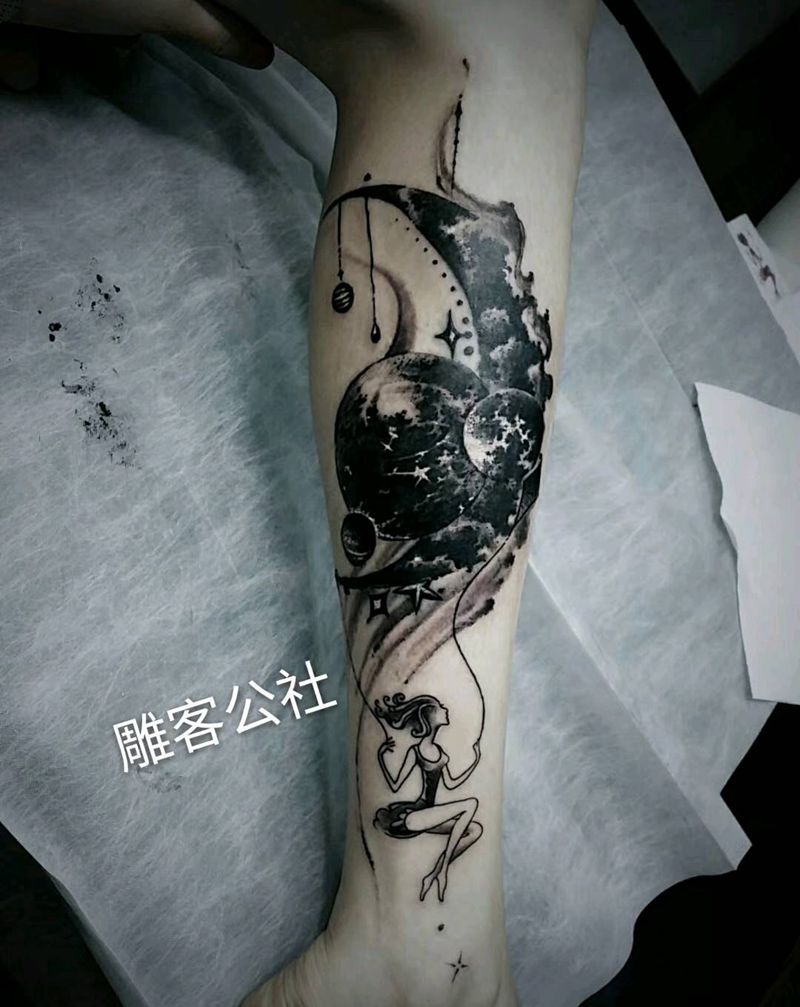 星空遮盖纹身图片_腿部写实原创纹身图案