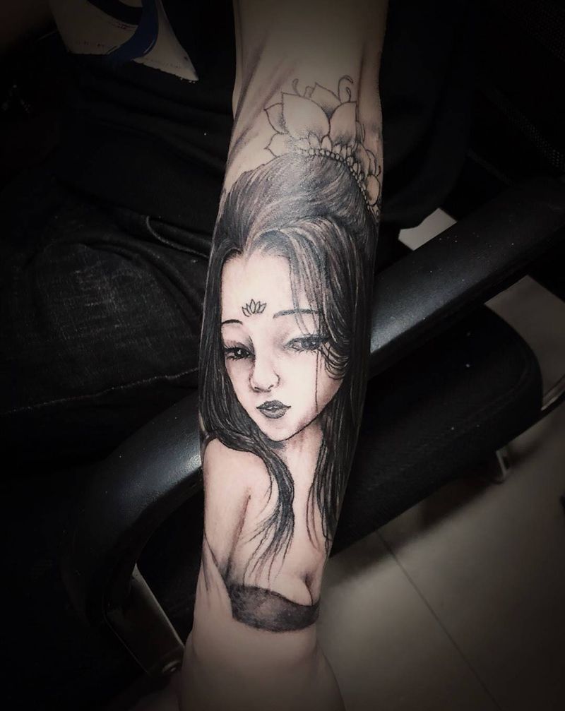 古风美女纹身图片_手臂新传统纹身图案