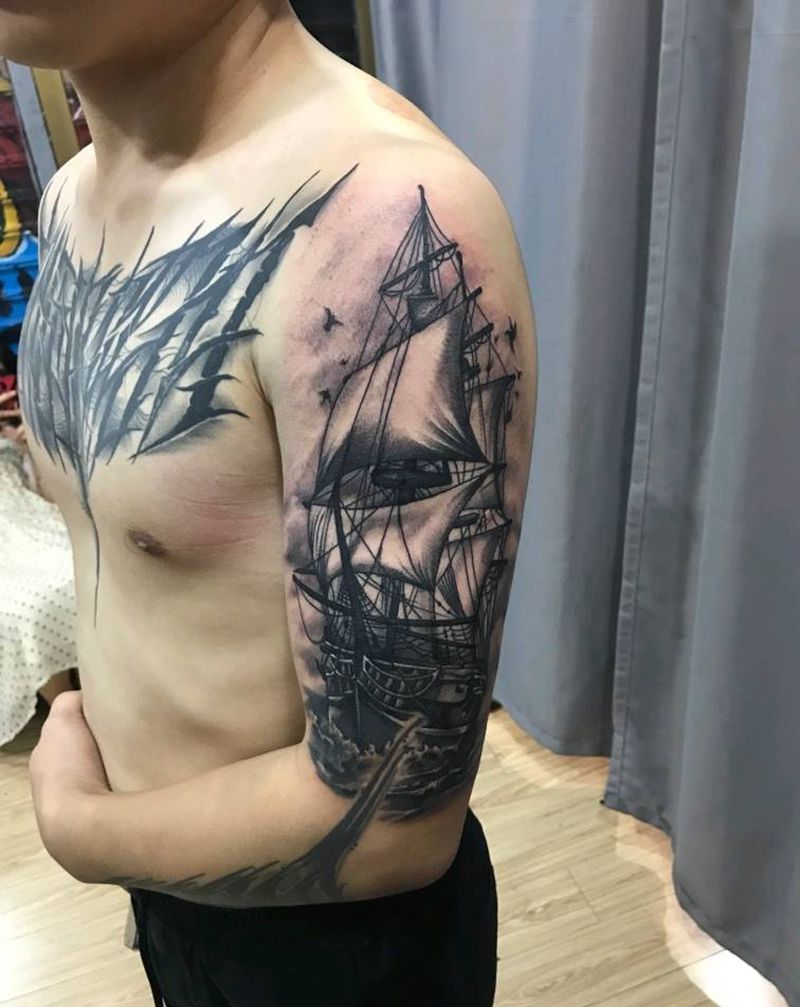 帆船纹身图片_手臂欧美写实纹身图案