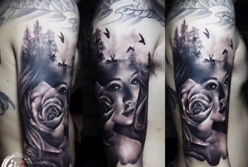 欧美黑灰纹身图片_成品手臂欧美人物原创纹身图案