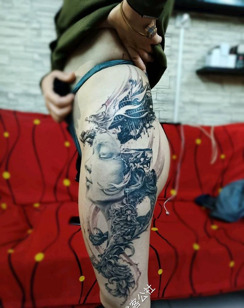龙女纹身图片_腰部腿部新传统欧美写实纹身图案