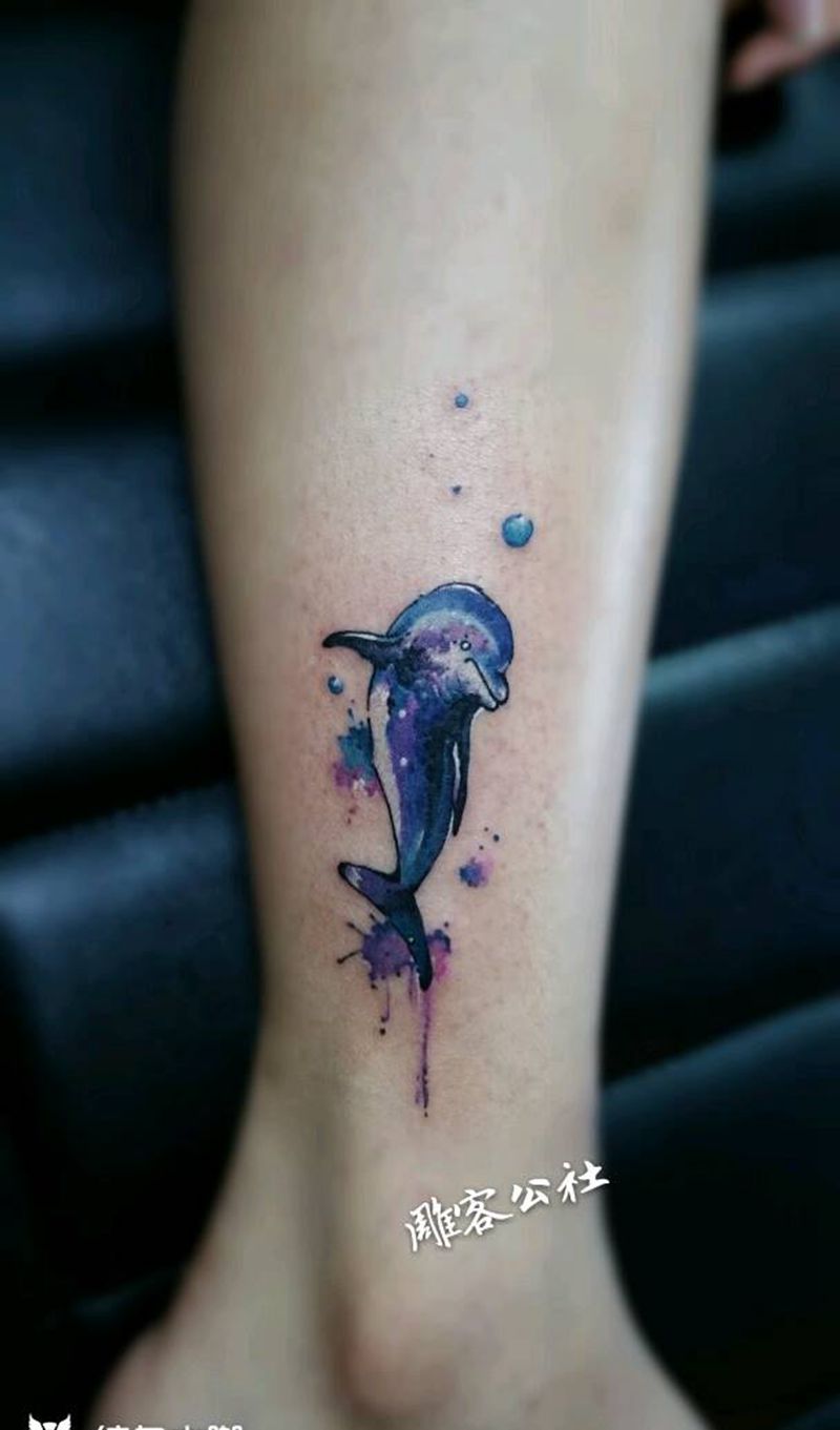 海豚纹身图片_腿部清新动物纹身图案