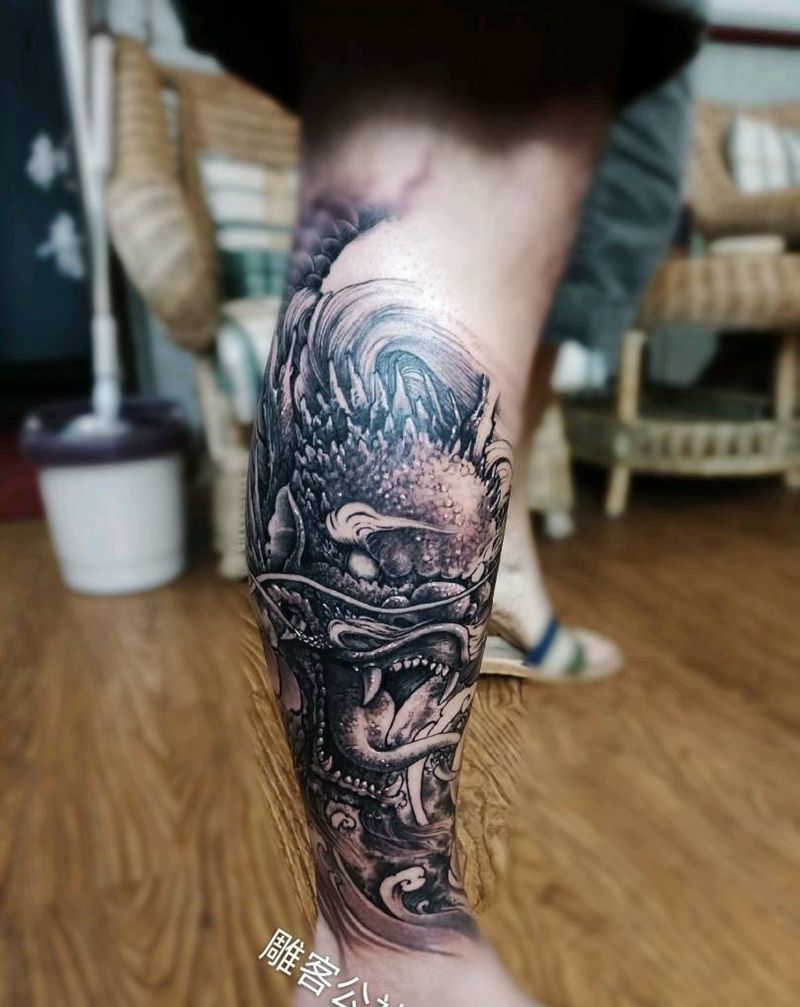 龙纹身图片_腿部脚部新传统水墨纹身图案