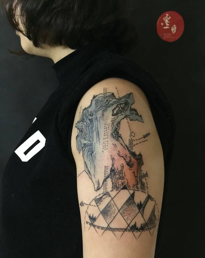 山石……纹身图片_成品手臂原创静物植物几何图腾欧美写实国画纹身图案