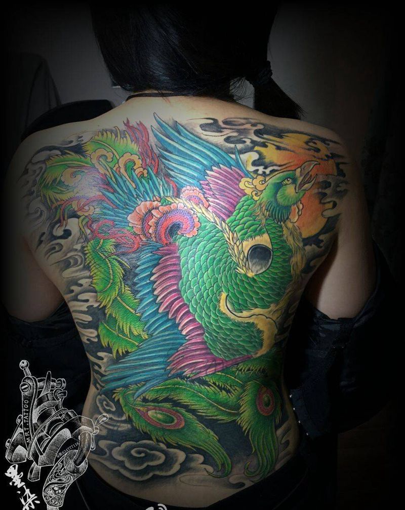 凤凰  鱼  荷花纹身图片