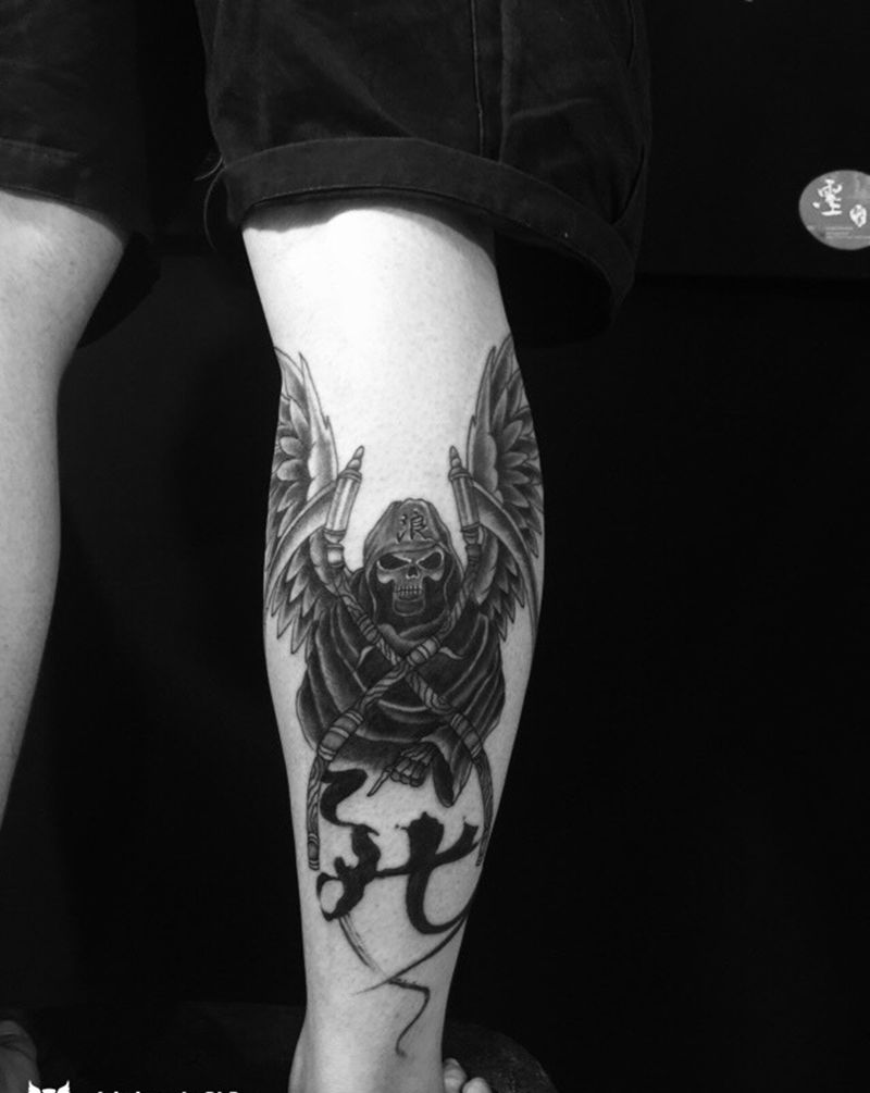 生与死纹身图片_成品腿部纹身图案