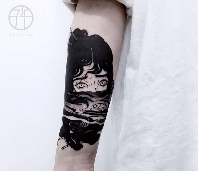 小臂遮盖纹身图片_手臂New School水墨纹身图案