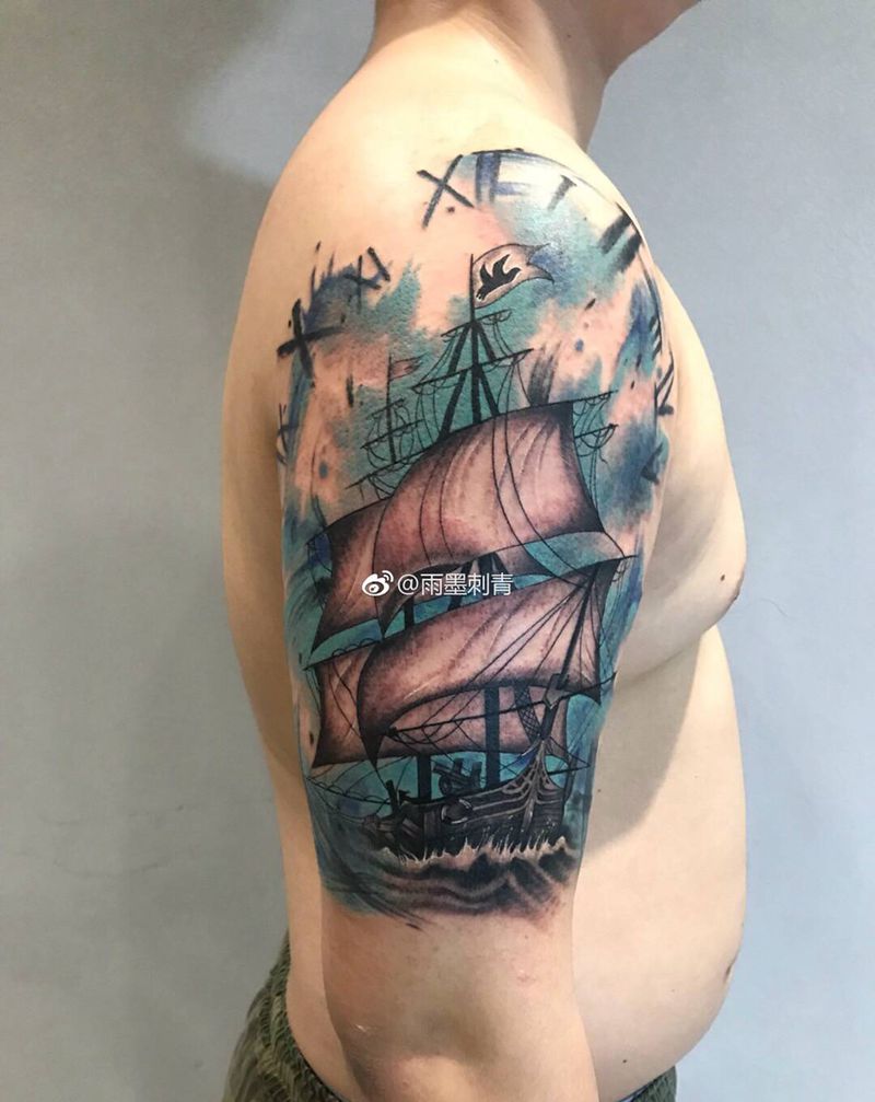帆船纹身图片_手臂手部New School新传统纹身图案