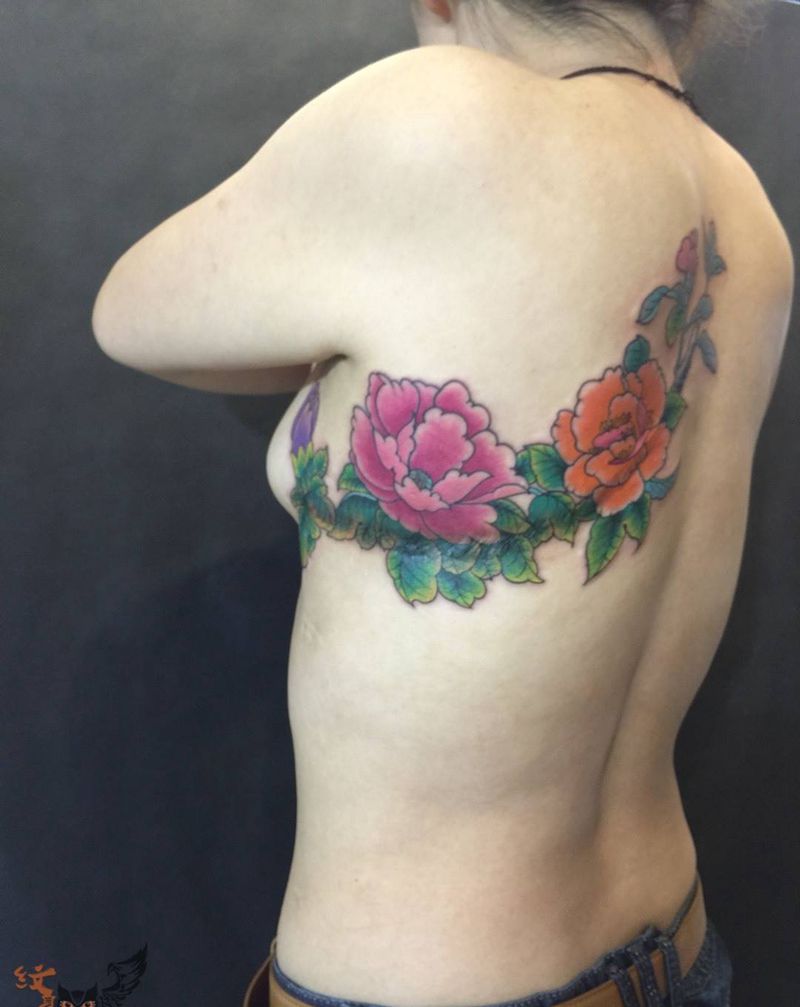 工笔牡丹纹身图片_雨墨刺青宜兴常州无锡.背部胸部传统国画植物纹身图案