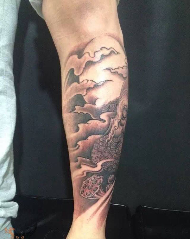 达摩纹身图片_雨墨刺青宜兴无锡.常州腿部人物传统写实清新国画纹身图案