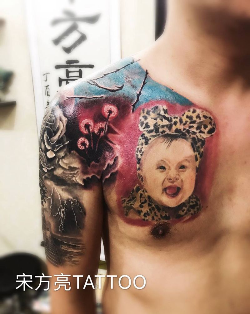 父爱如山欧美半甲纹身图片