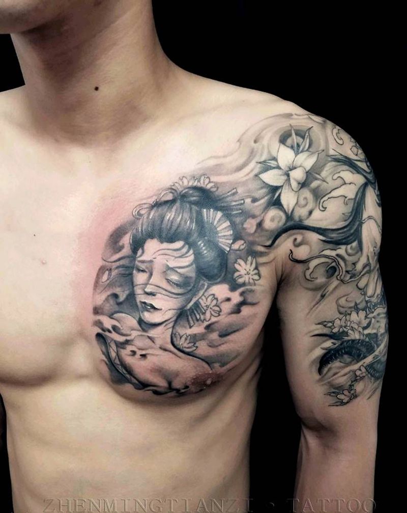 艺妓，般若 新传统半甲纹身图片_手臂胸部新传统纹身图案