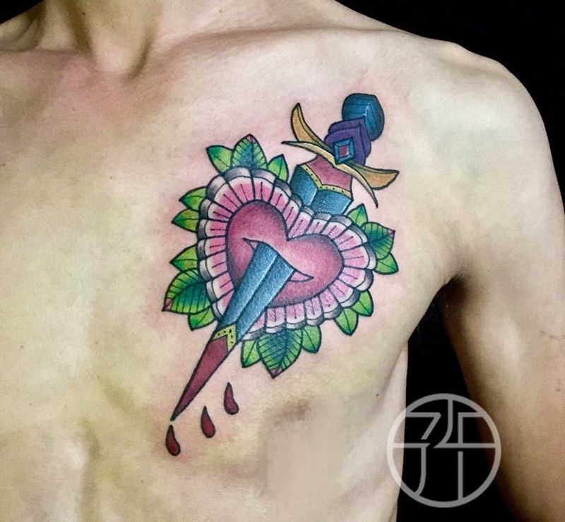 花与匕首纹身图片