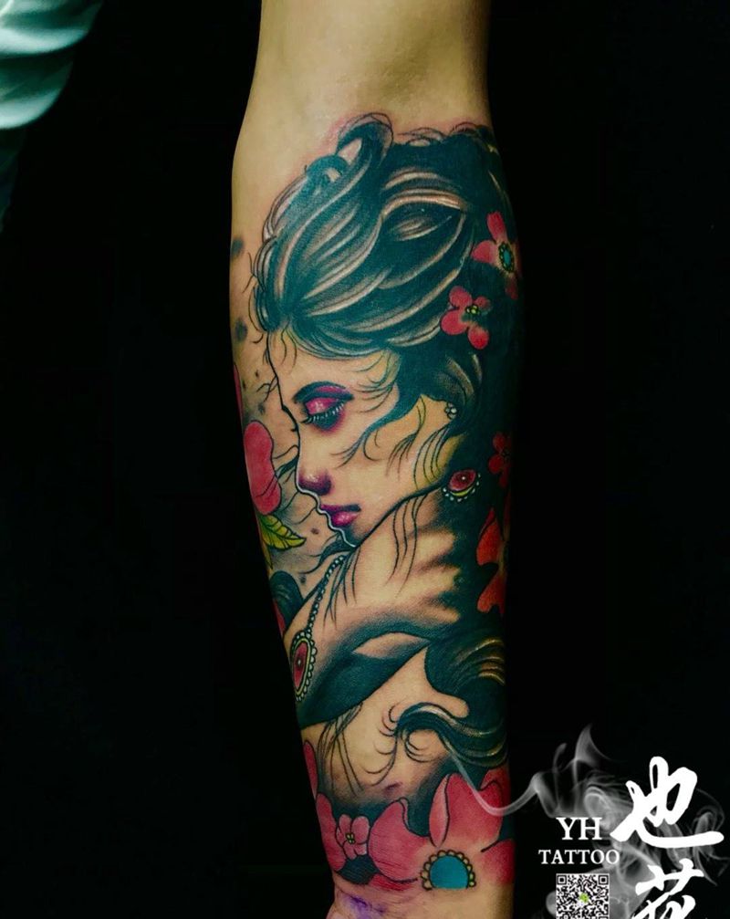 美女纹身图片_成品手部手臂欧美清新人物静物纹身图案