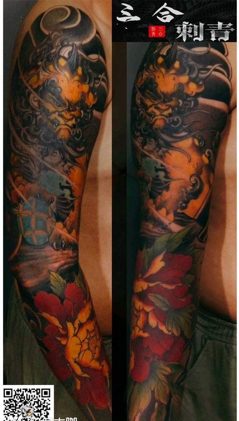 唐狮牡丹纹身图片_手臂纹身图案