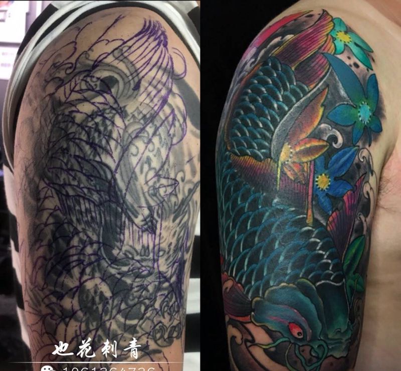 遮盖纹身图片_成品手臂肩部传统动物鬼神原创纹身图案
