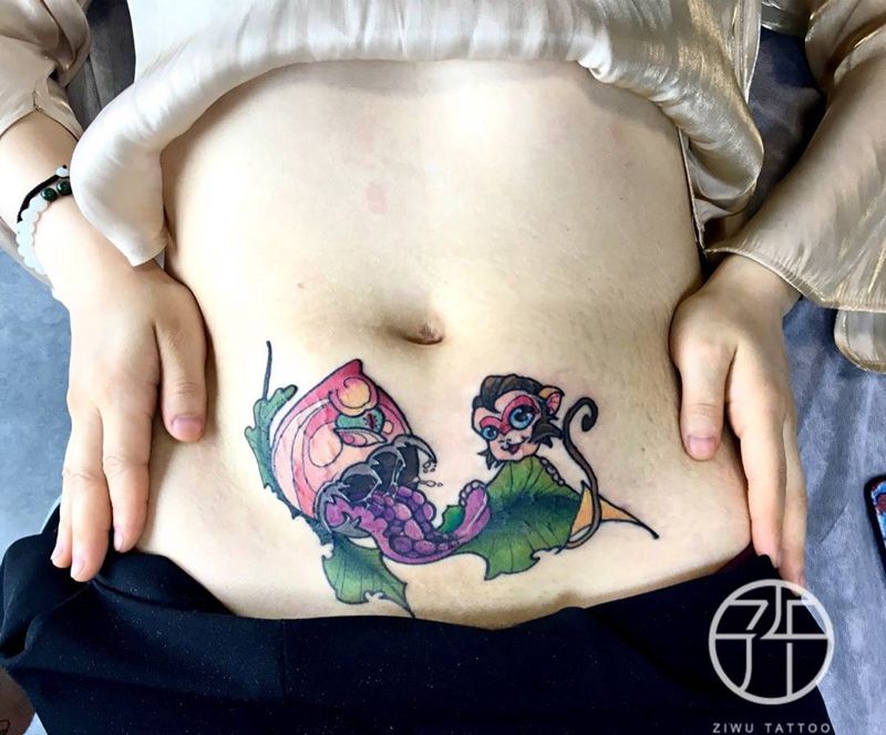 刨腹产遮盖纹身图片