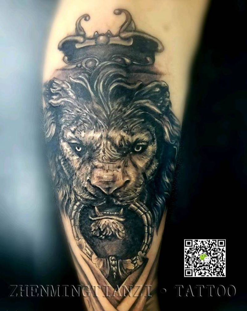 兽面衔环 狮面完成纹身图片