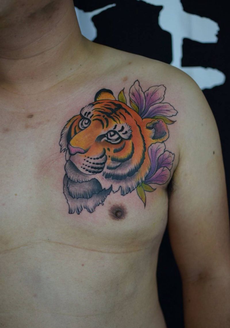 虎纹身图片_成品手稿胸部欧美传统写实动物雨墨刺青宜兴无锡.纹身图案