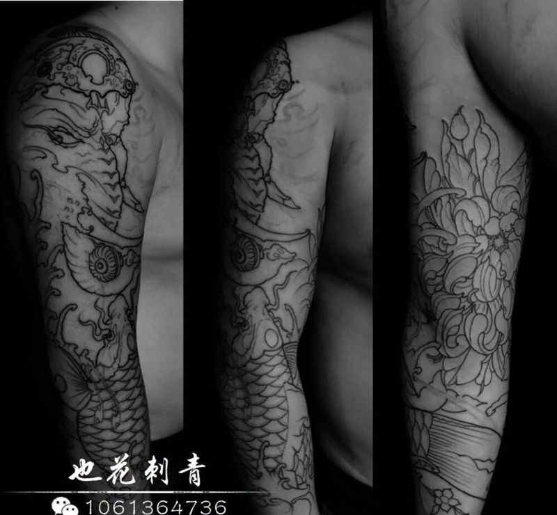 花臂纹身图片_成品手部手臂传统鬼神动物植物纹身图案