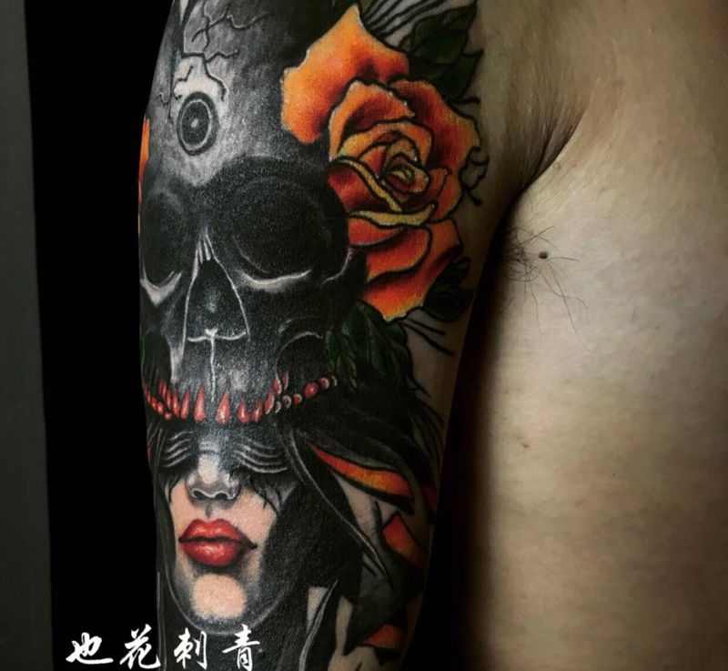 欧美妞儿纹身图片_成品肩部手臂手部欧美肖像几何字符鬼神人物纹身图案