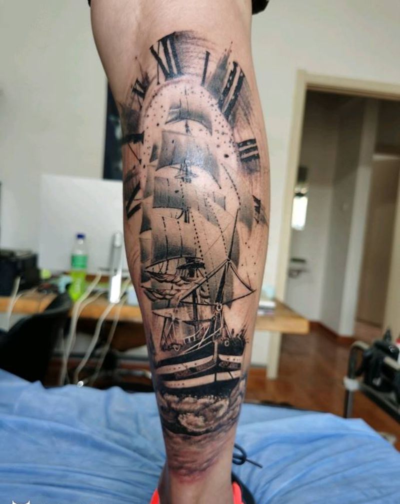 乘风破浪纹身图片_腿部欧美写实纹身图案