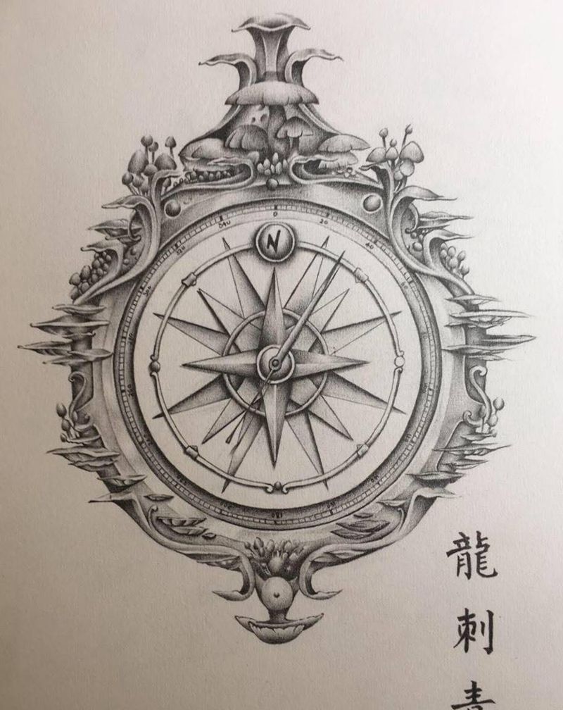 手绘，指南针纹身图片_手稿欧美纹身图案