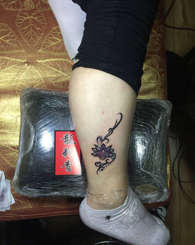 莲花纹身图片_成品脚部清新植物纹身图案